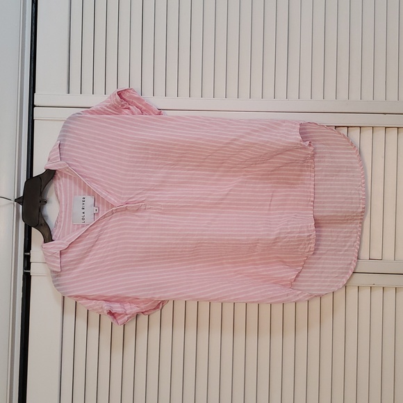Lola River Tops - Lola River Pink and White Striped Linen Blend Top, Size Medium